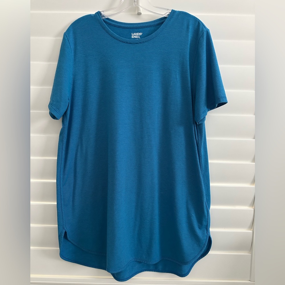 Lands End Cobalt Blue Pinstripe Moisture Wicking UPF 50 Sun SS Tunic Large Tall